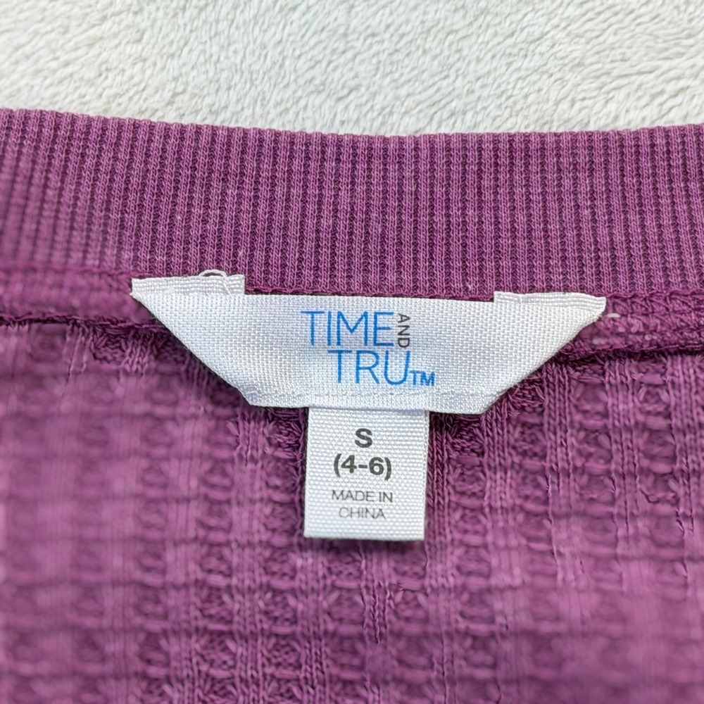 Time and Tru Waffle Knit Top Womens S Purple Good V-Neck Long Sleeve Thermal - Picture 4 of 9